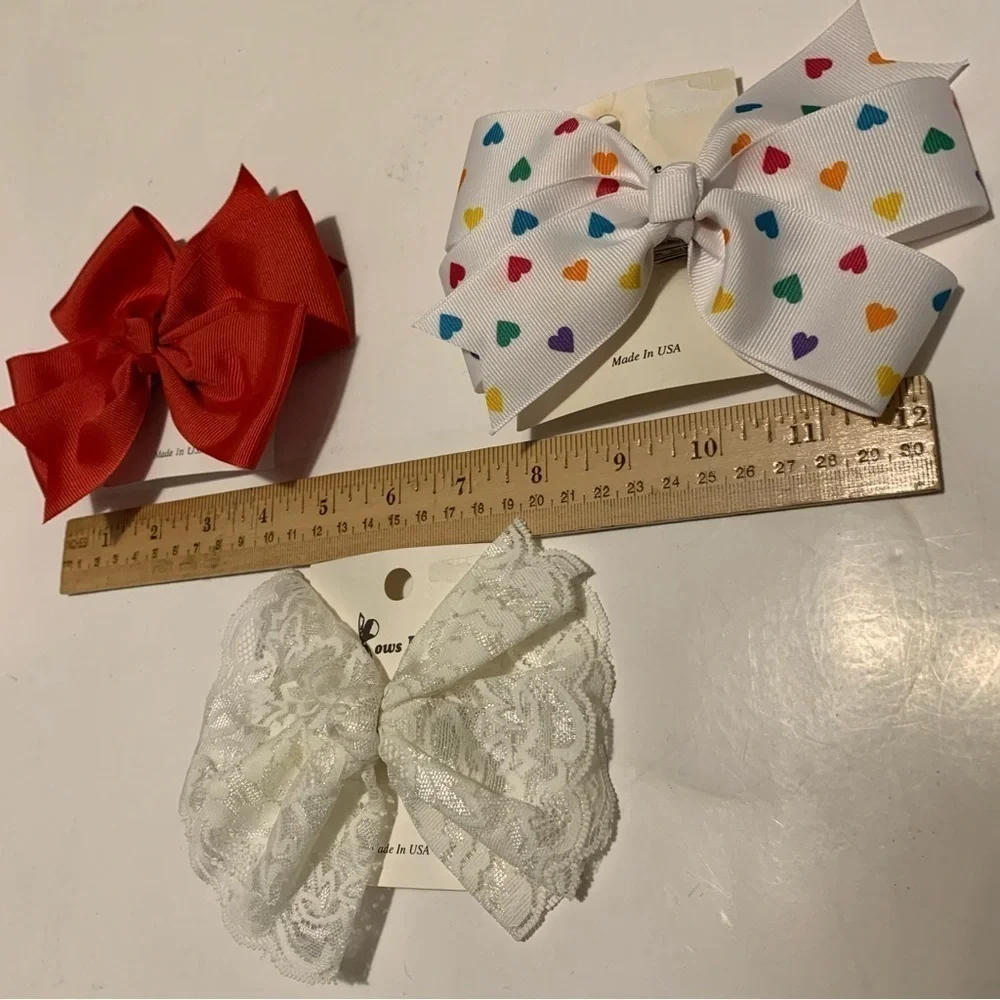 BOWS ETC. three vintage bow hair barrettes white lace red white hearts new